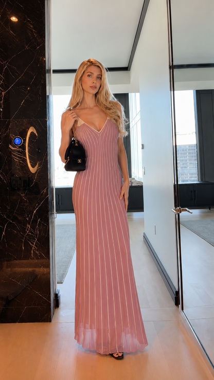 Front view of blush pink striped spaghetti strap mermaid maxi dress