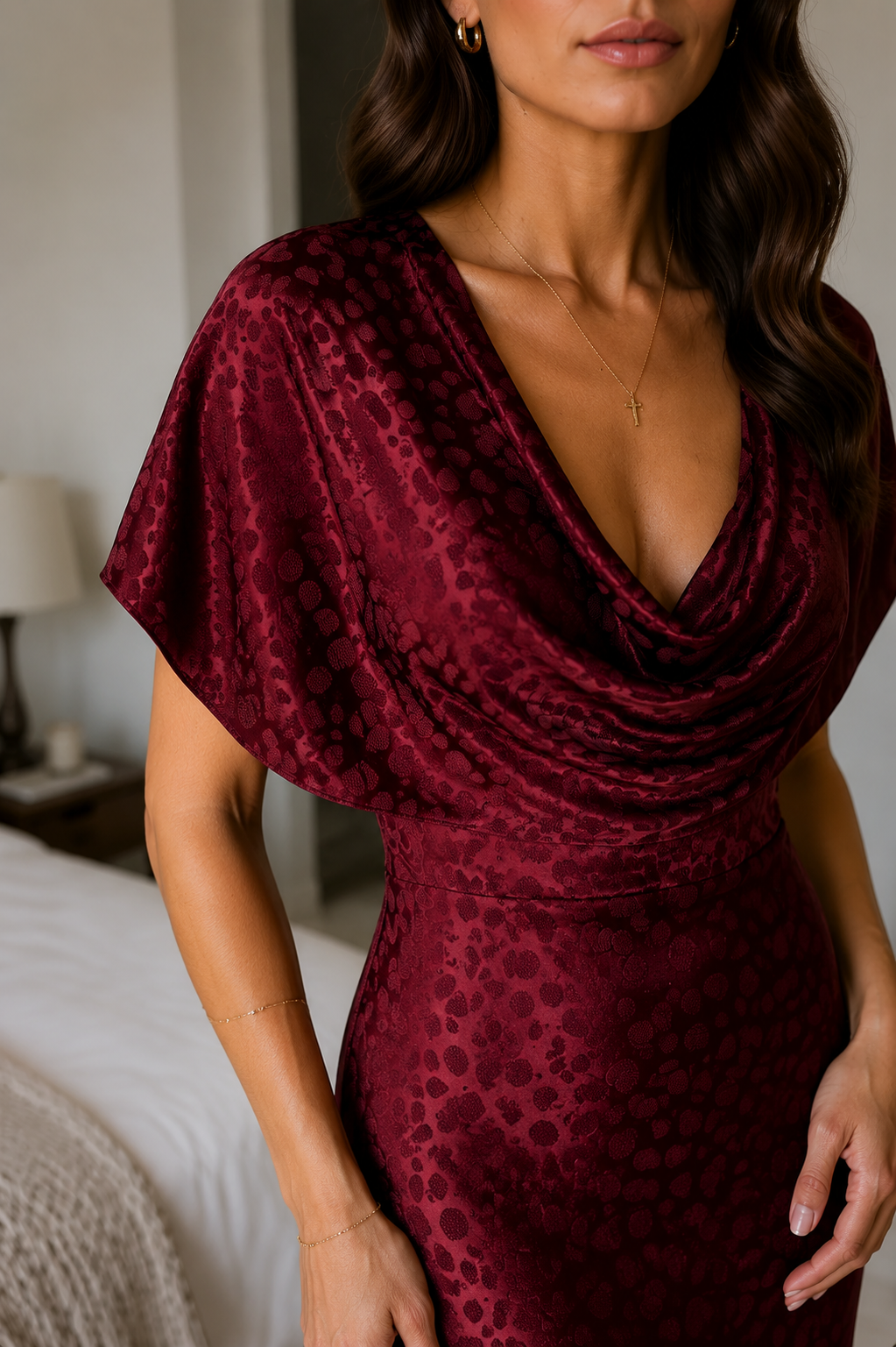 Close-up of burgundy cowl neckline and jacquard texture detail