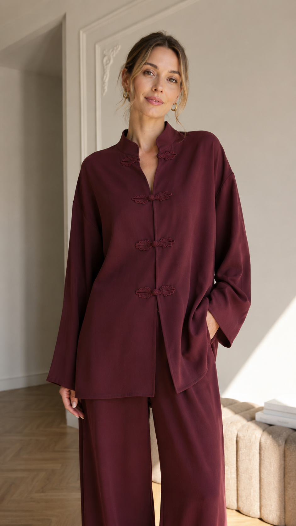 Women's burgundy mandarin collar two-piece lounge set close view