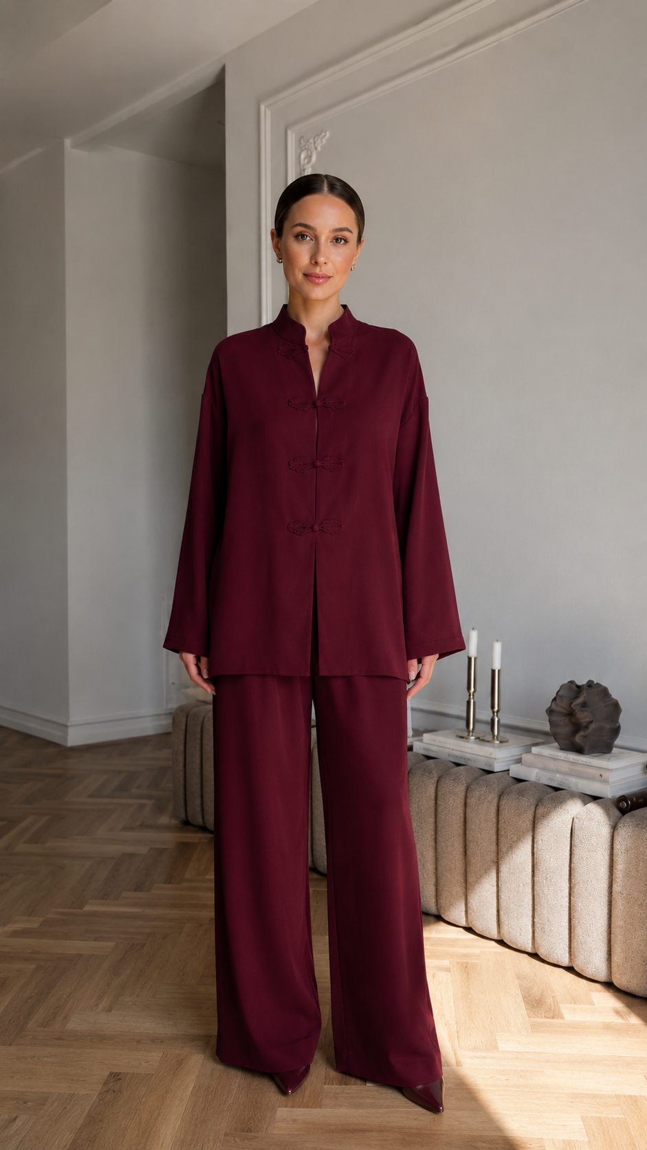 Women's Mandarin Collar Lounge Set with Wide Leg Pants
