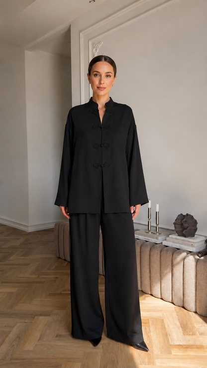 Women's Mandarin Collar Lounge Set with Wide Leg Pants