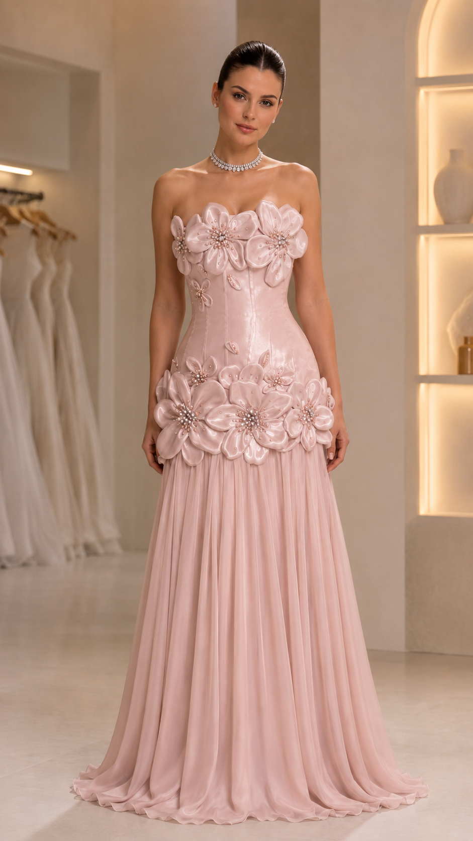 Strapless 3D Floral Appliqué Corset Maxi Dress