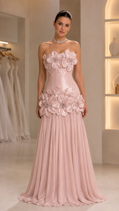 Strapless 3D Floral Appliqué Corset Maxi Dress