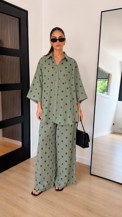Relaxed Abstract Dot Button-Up Shirt & Wide-Leg Pants Set