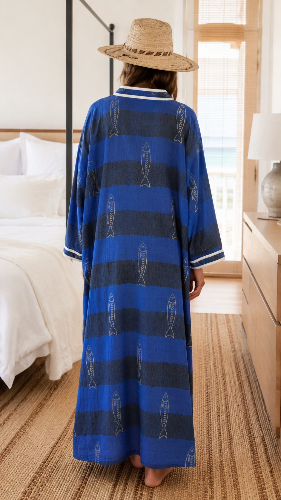 Striped Fish Print V-Neck Kaftan Maxi Dress