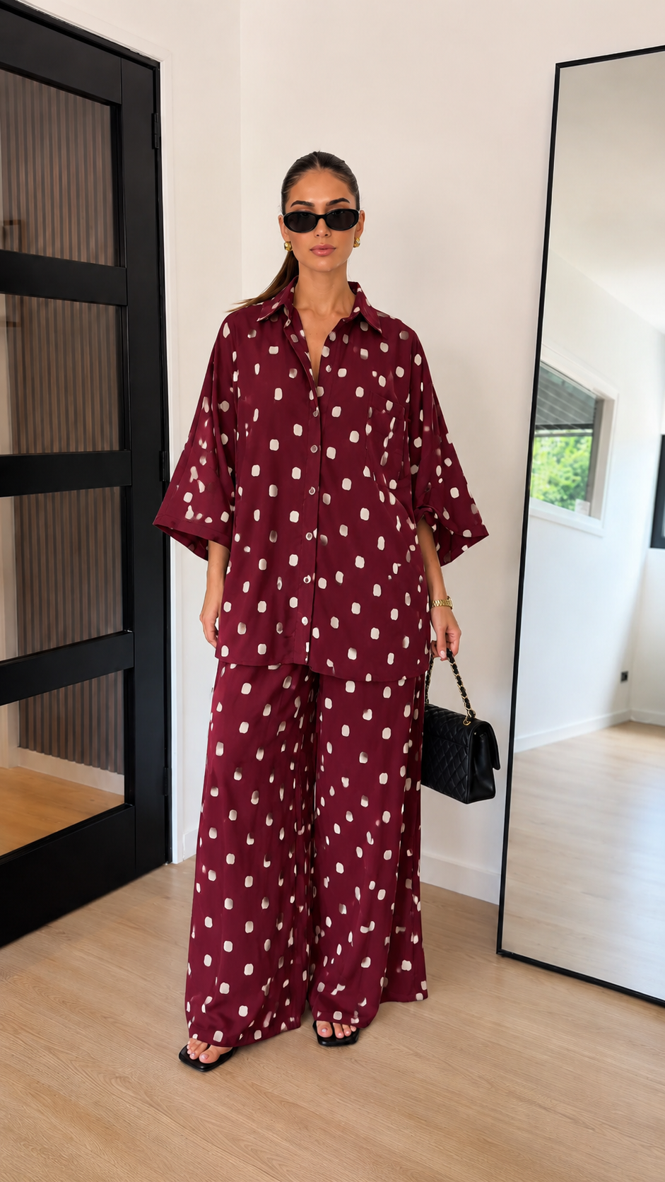 Relaxed Abstract Dot Button-Up Shirt & Wide-Leg Pants Set