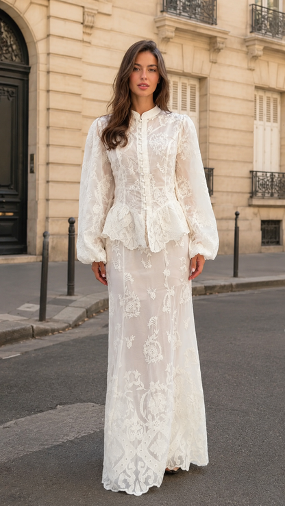 Embroidered Lace Button-Front Maxi Dress Set