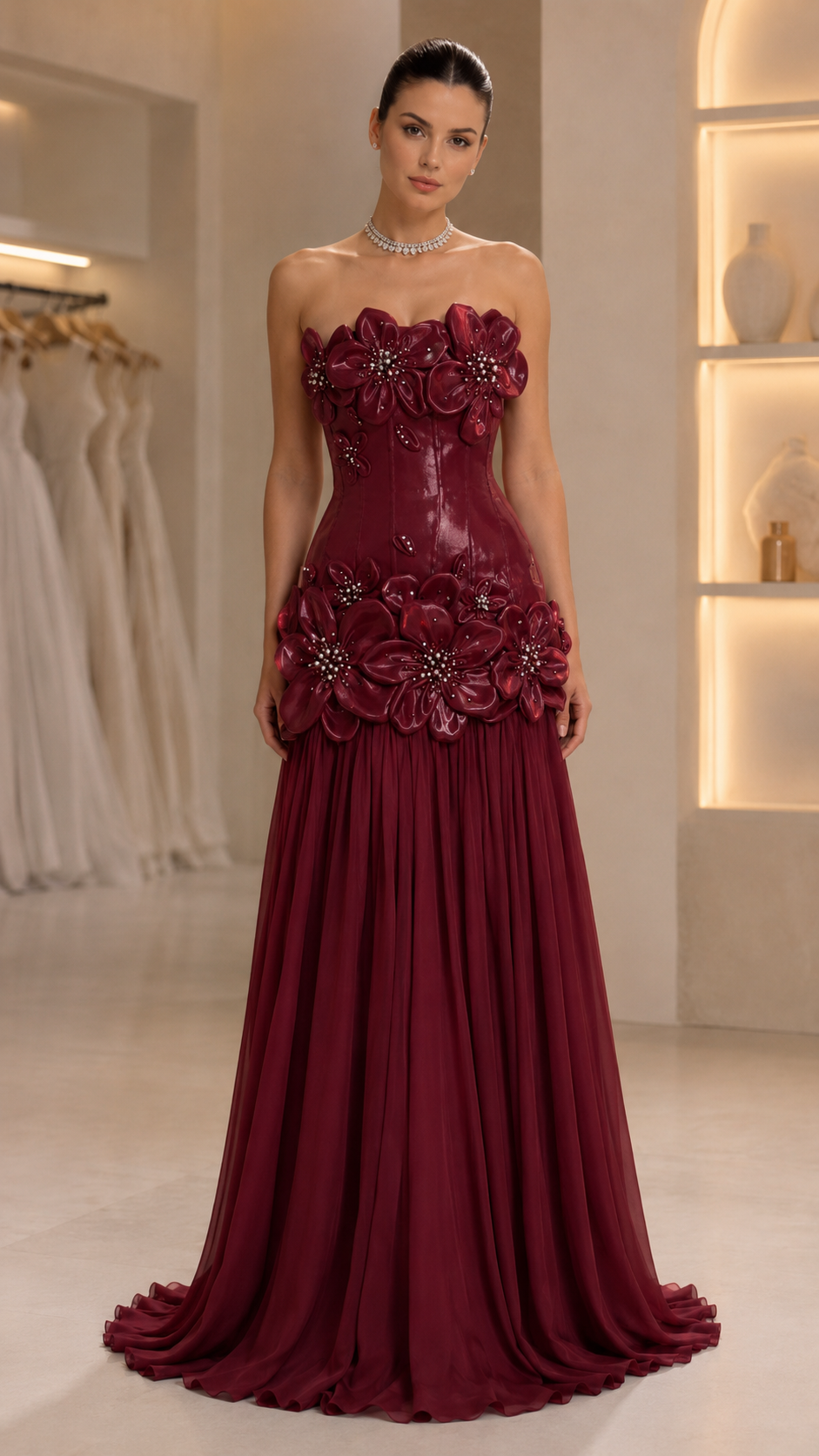 Strapless 3D Floral Appliqué Corset Maxi Dress