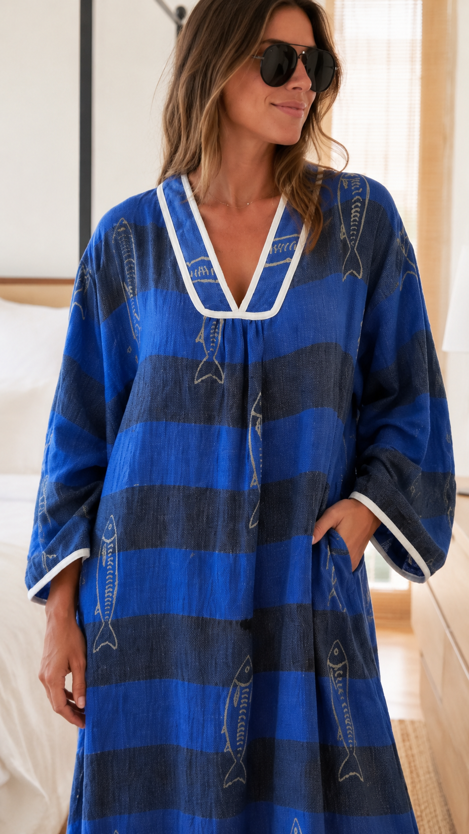Striped Fish Print V-Neck Kaftan Maxi Dress