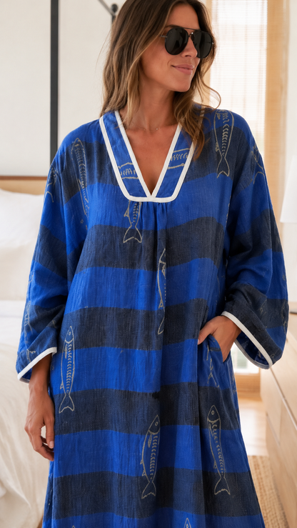 Striped Fish Print V-Neck Kaftan Maxi Dress