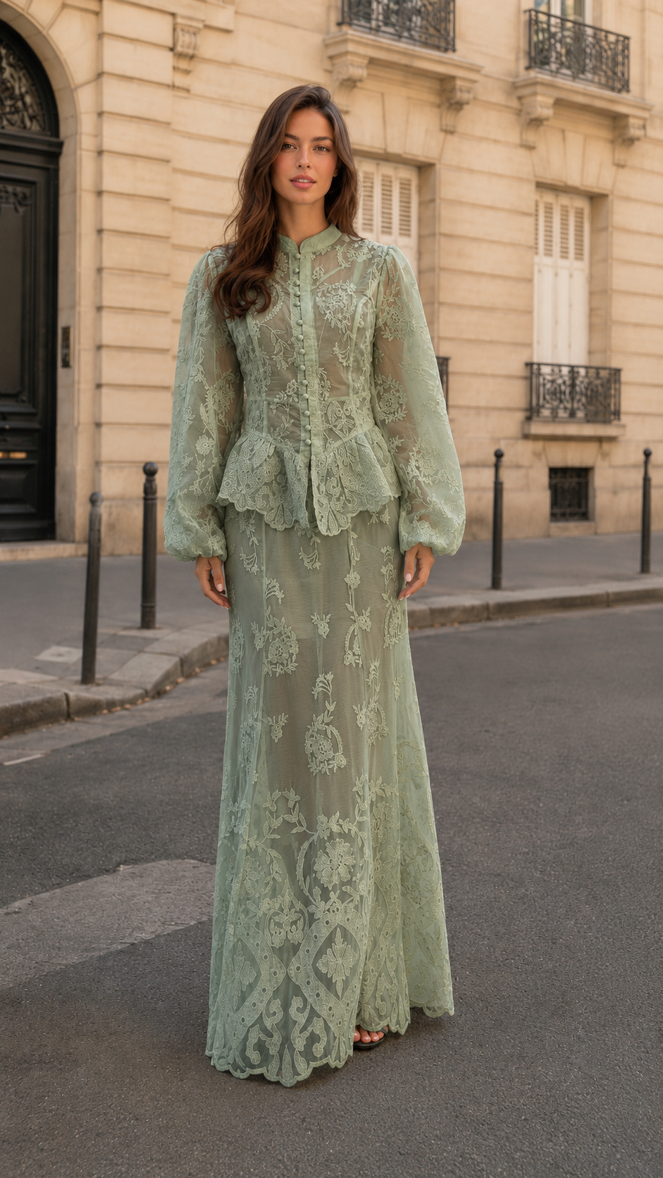 Embroidered Lace Button-Front Maxi Dress Set