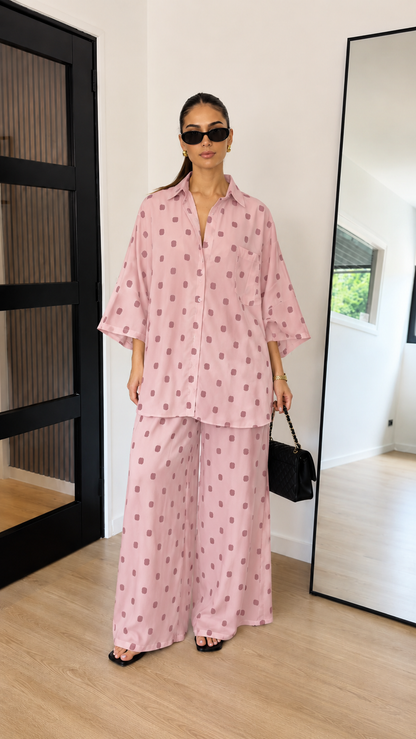 Relaxed Abstract Dot Button-Up Shirt & Wide-Leg Pants Set