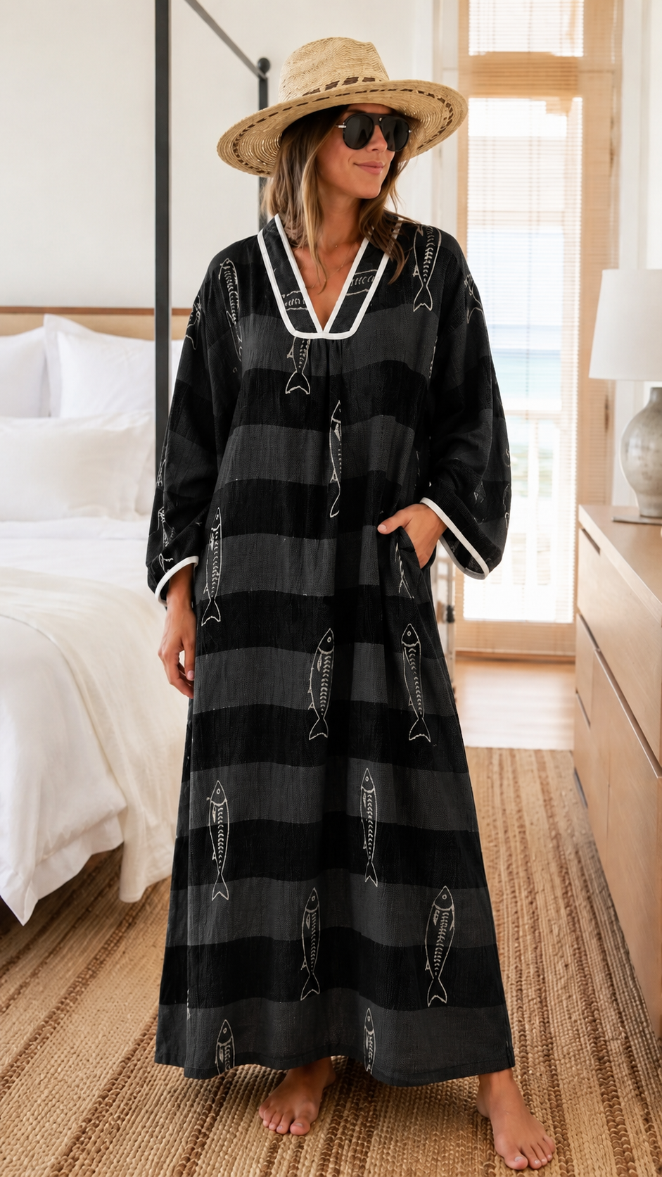 Striped Fish Print V-Neck Kaftan Maxi Dress