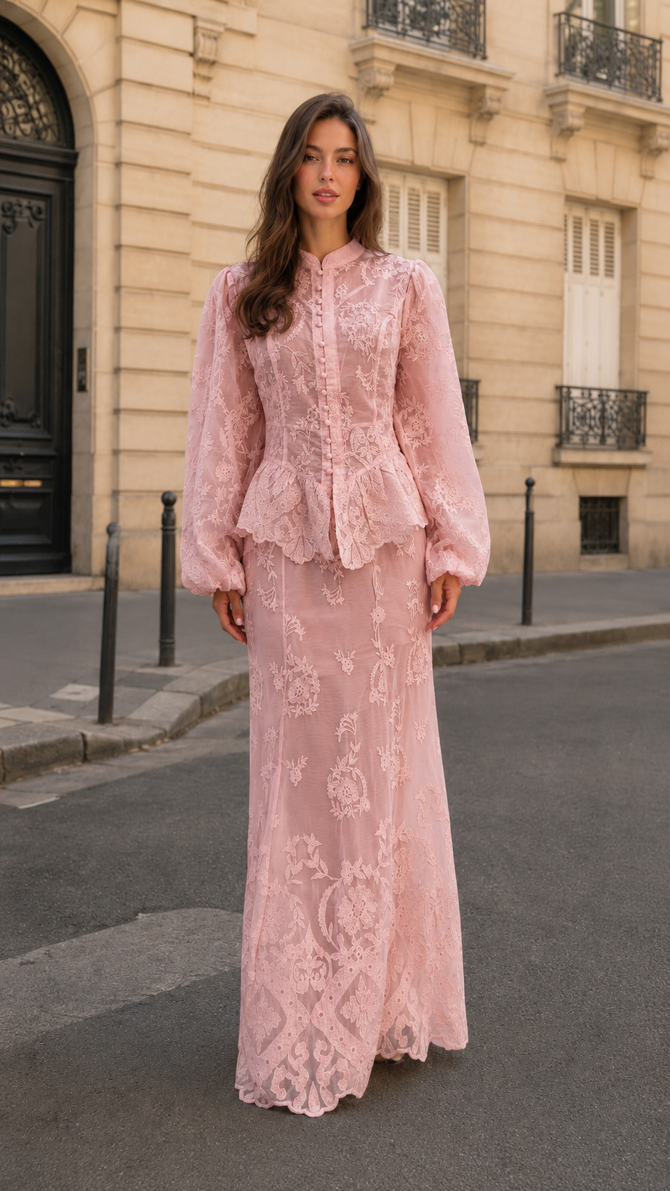 Embroidered Lace Button-Front Maxi Dress Set