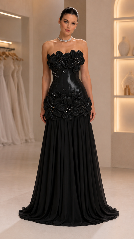 Strapless 3D Floral Appliqué Corset Maxi Dress