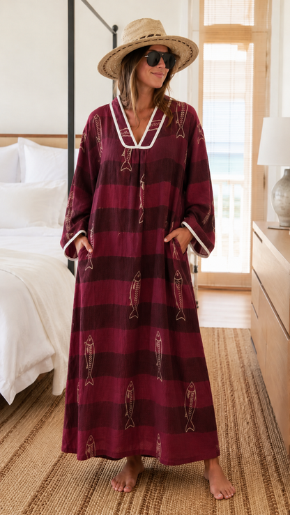 Striped Fish Print V-Neck Kaftan Maxi Dress