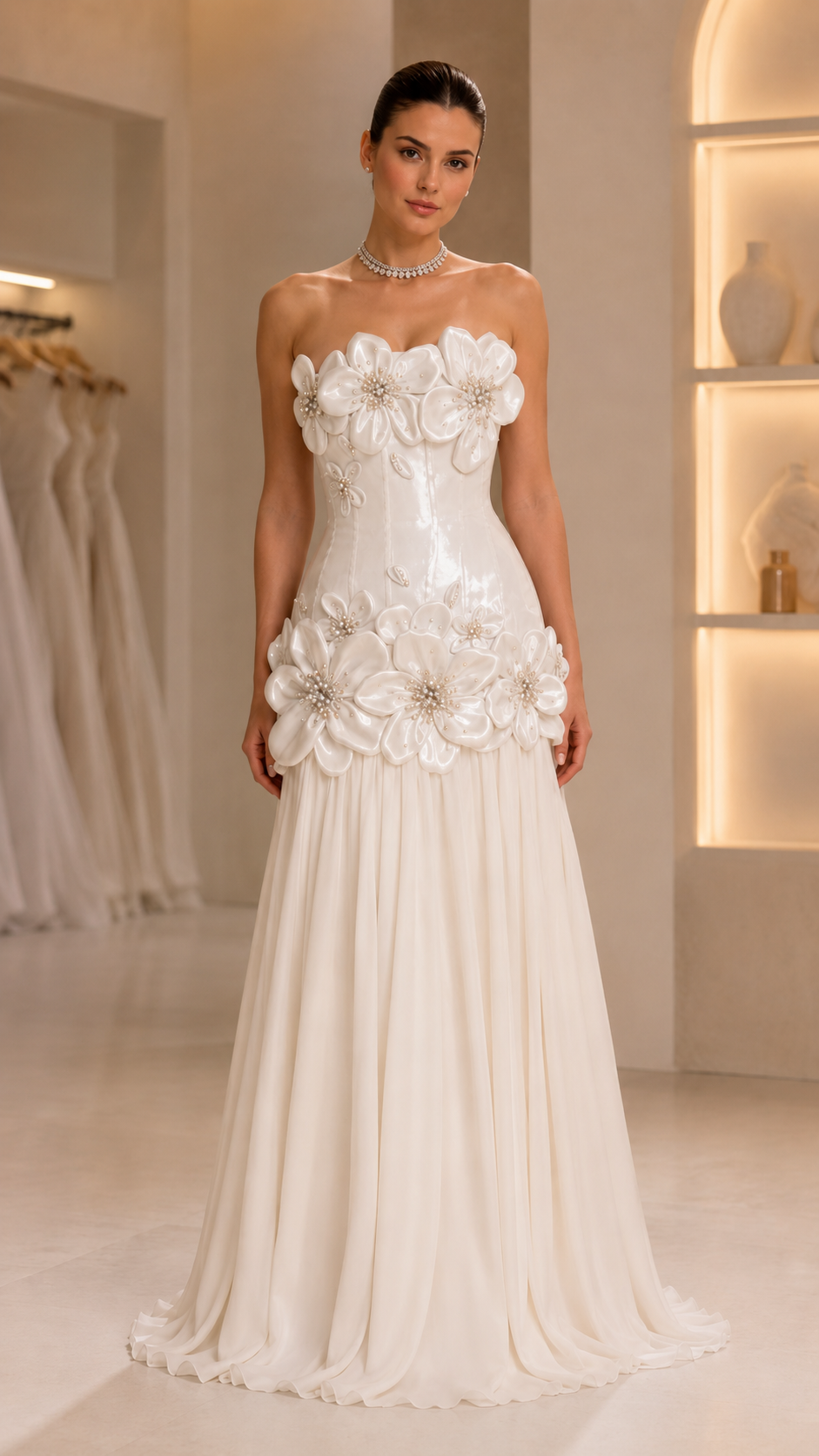 Strapless 3D Floral Appliqué Corset Maxi Dress