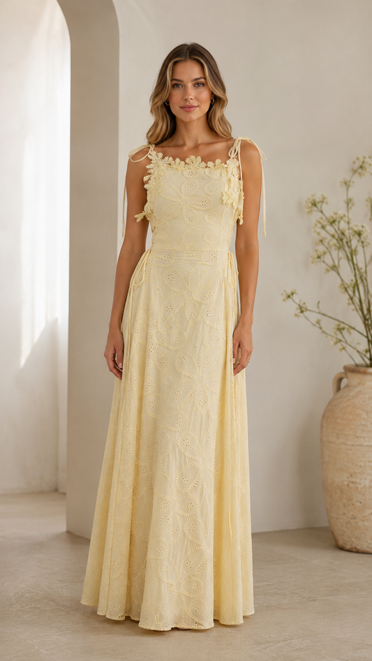 Floral Eyelet Tie-Shoulder Maxi Dress