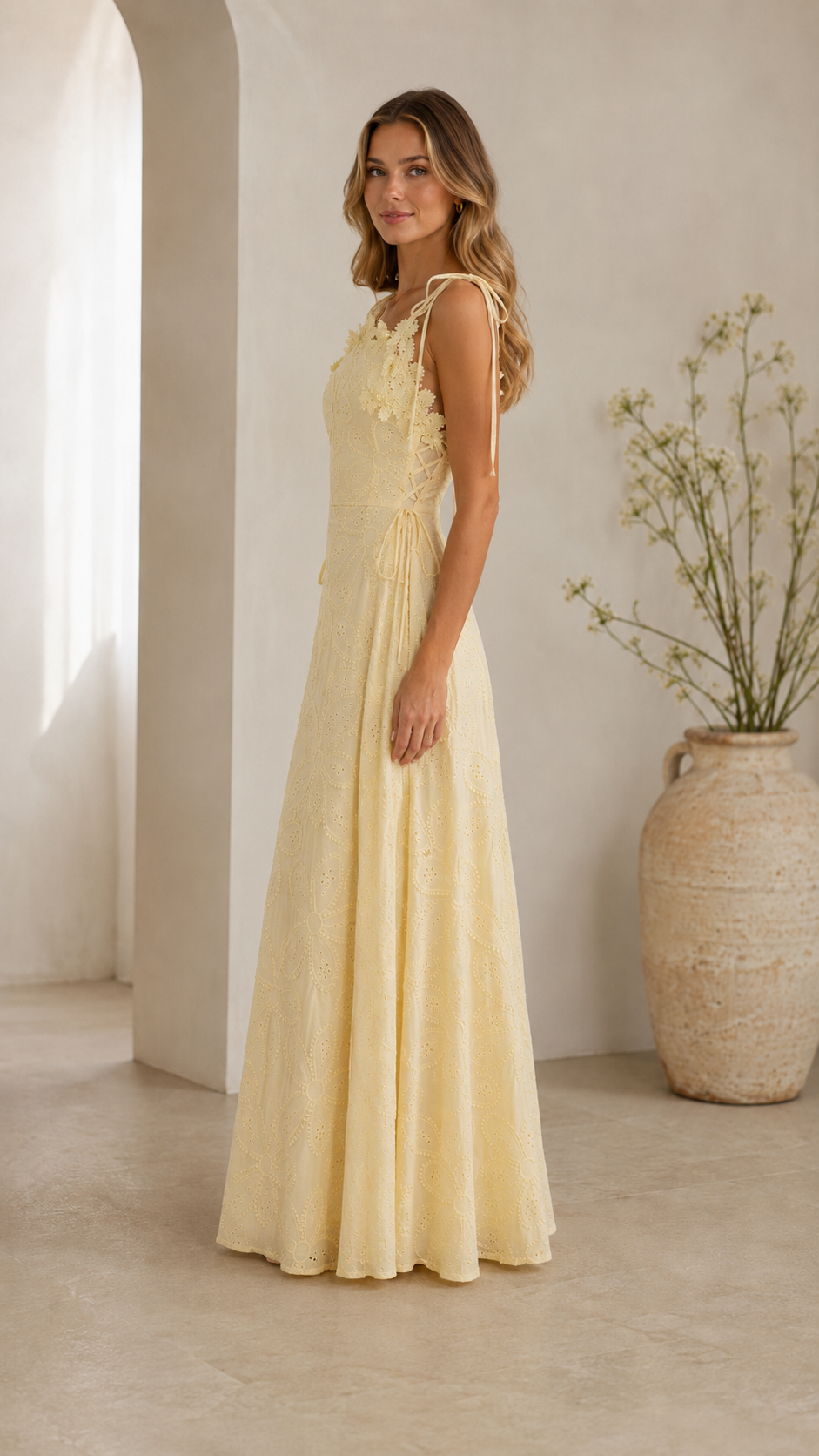 Floral Eyelet Tie-Shoulder Maxi Dress