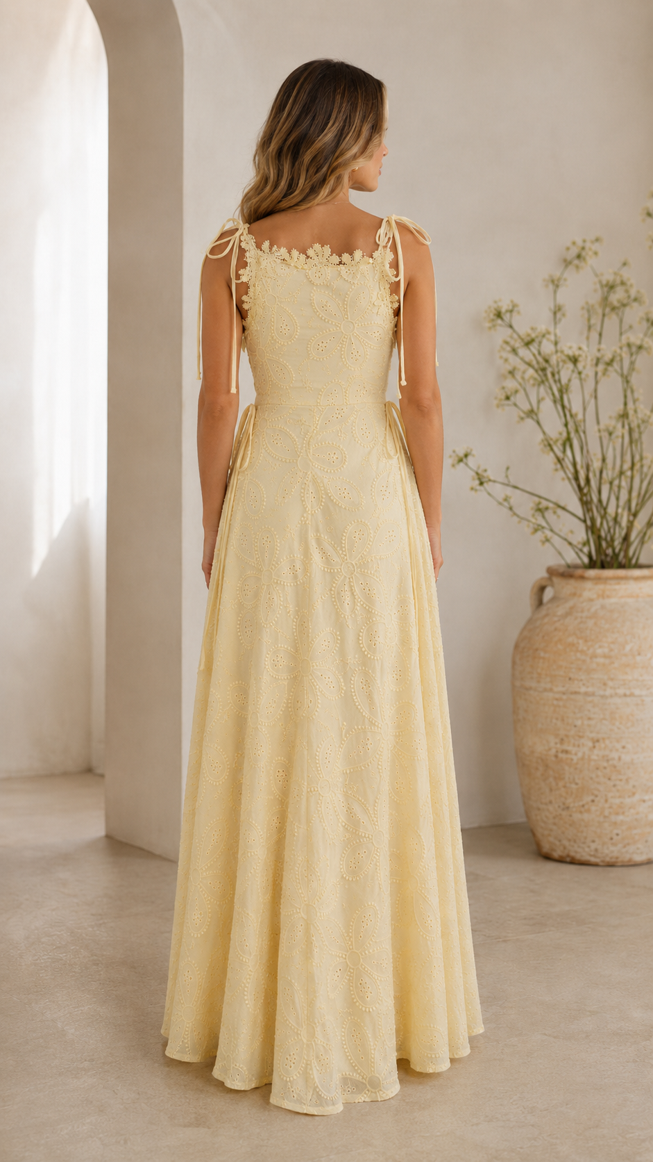 Floral Eyelet Tie-Shoulder Maxi Dress