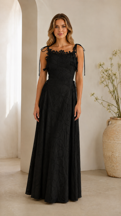 Floral Eyelet Tie-Shoulder Maxi Dress