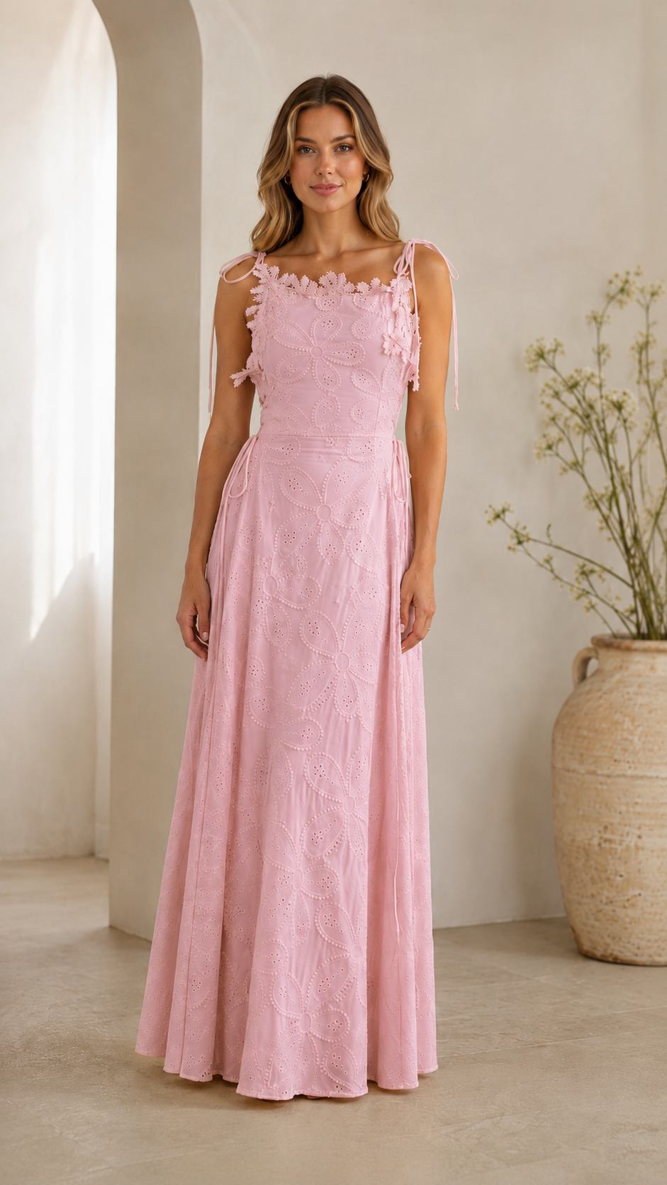 Floral Eyelet Tie-Shoulder Maxi Dress