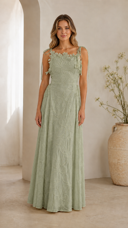 Floral Eyelet Tie-Shoulder Maxi Dress