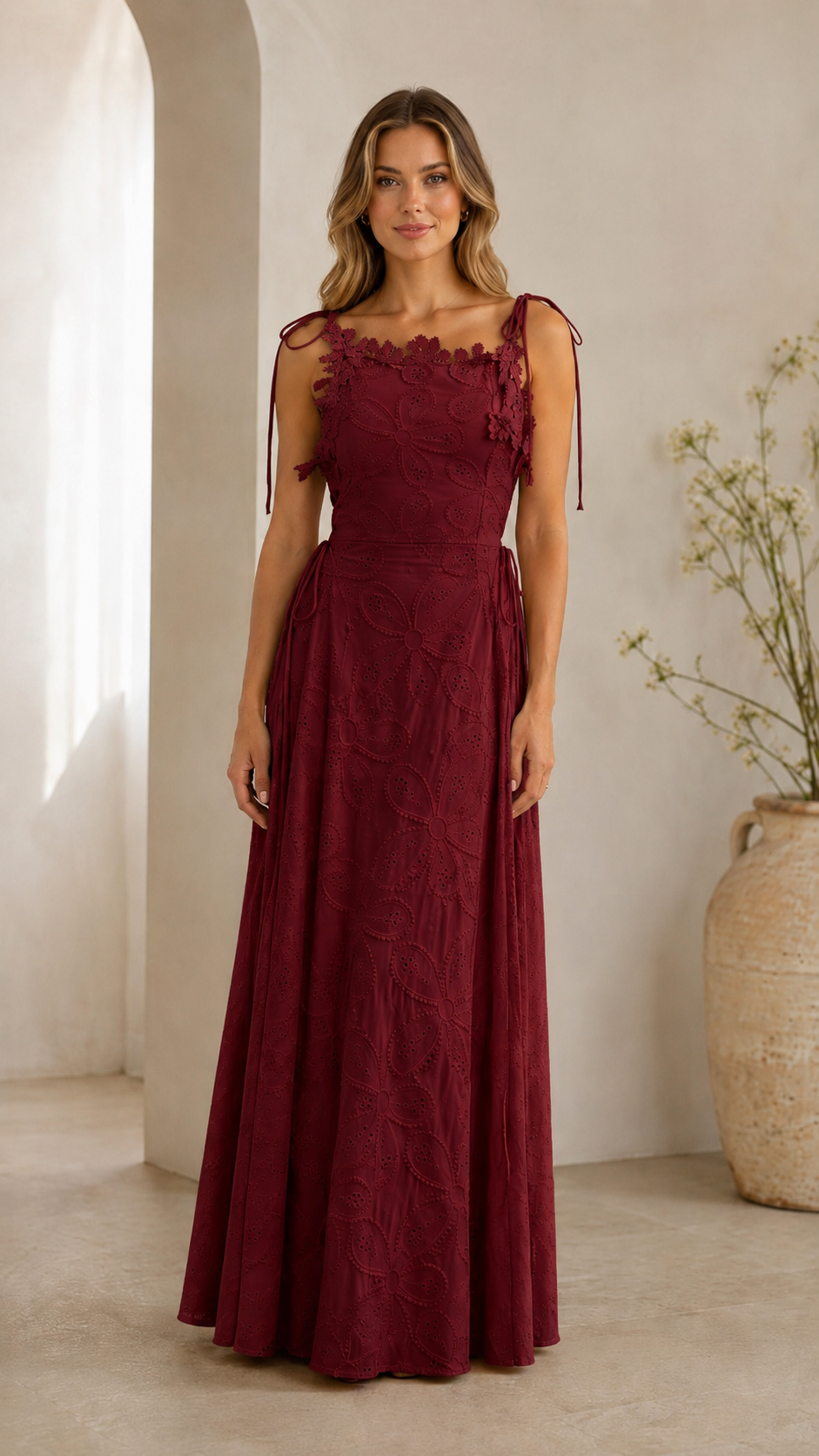 Floral Eyelet Tie-Shoulder Maxi Dress