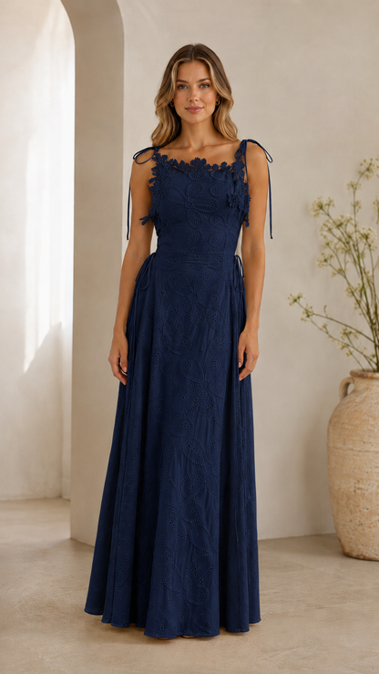 Floral Eyelet Tie-Shoulder Maxi Dress