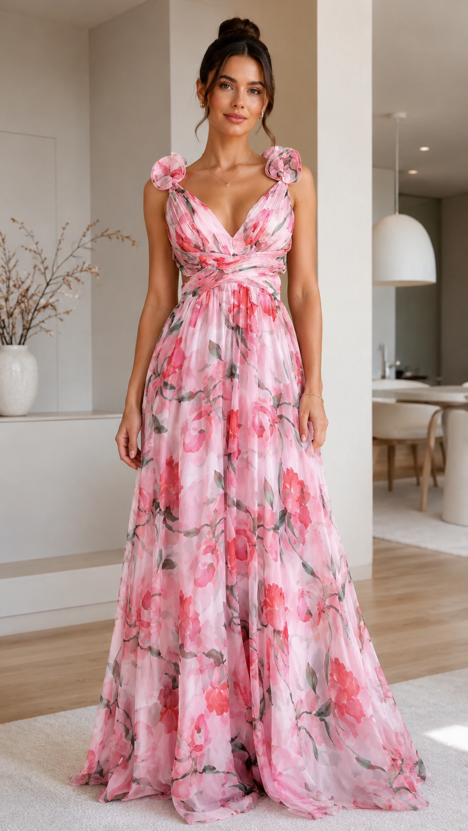 Floral Rosette V-Neck Chiffon Maxi Dress