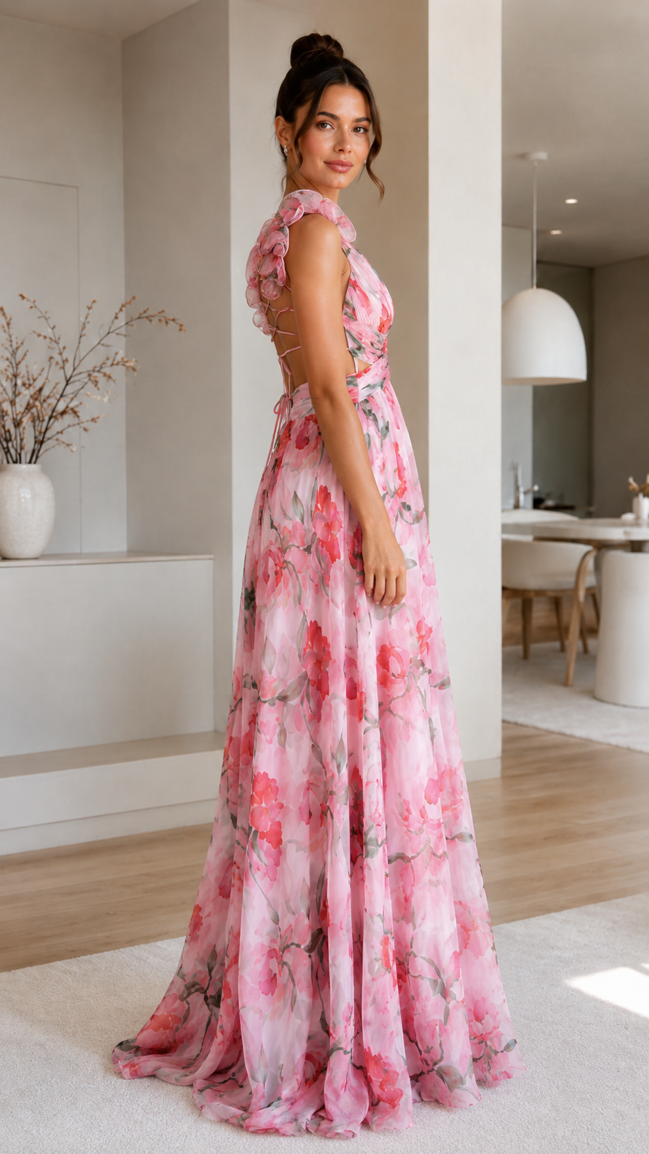 Floral Rosette V-Neck Chiffon Maxi Dress