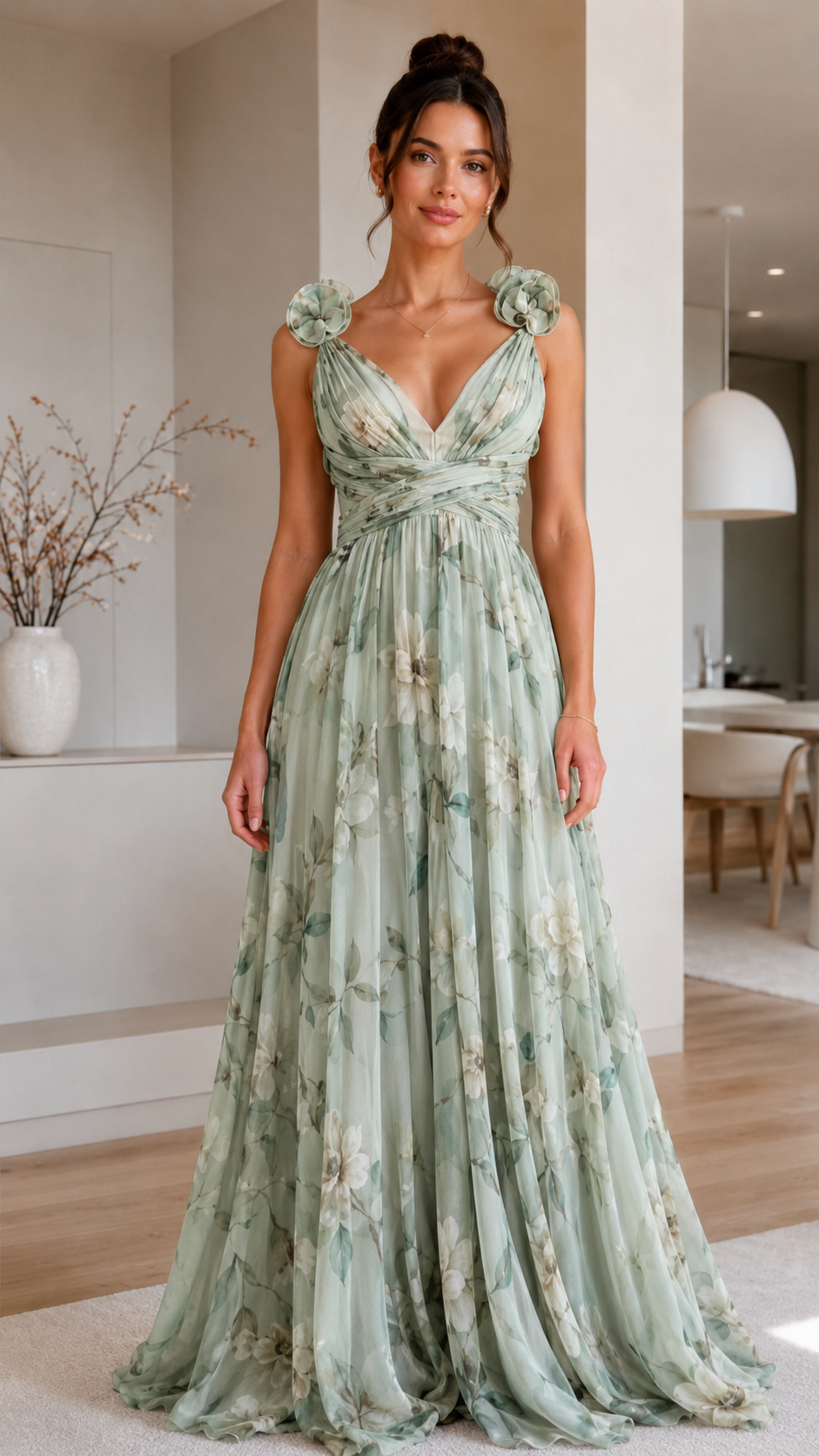 Floral Rosette V-Neck Chiffon Maxi Dress
