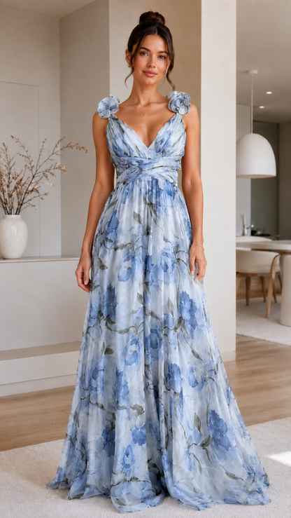 Floral Rosette V-Neck Chiffon Maxi Dress