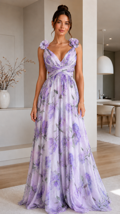 Floral Rosette V-Neck Chiffon Maxi Dress