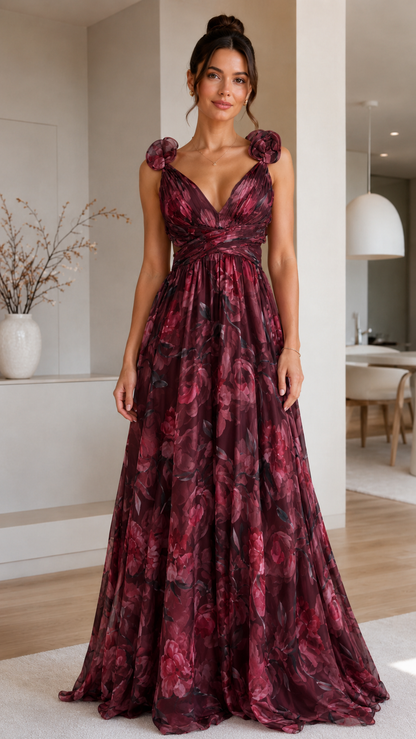 Floral Rosette V-Neck Chiffon Maxi Dress