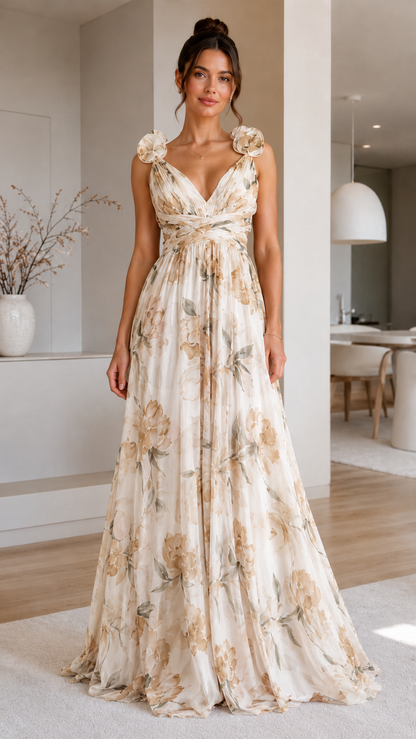 Floral Rosette V-Neck Chiffon Maxi Dress