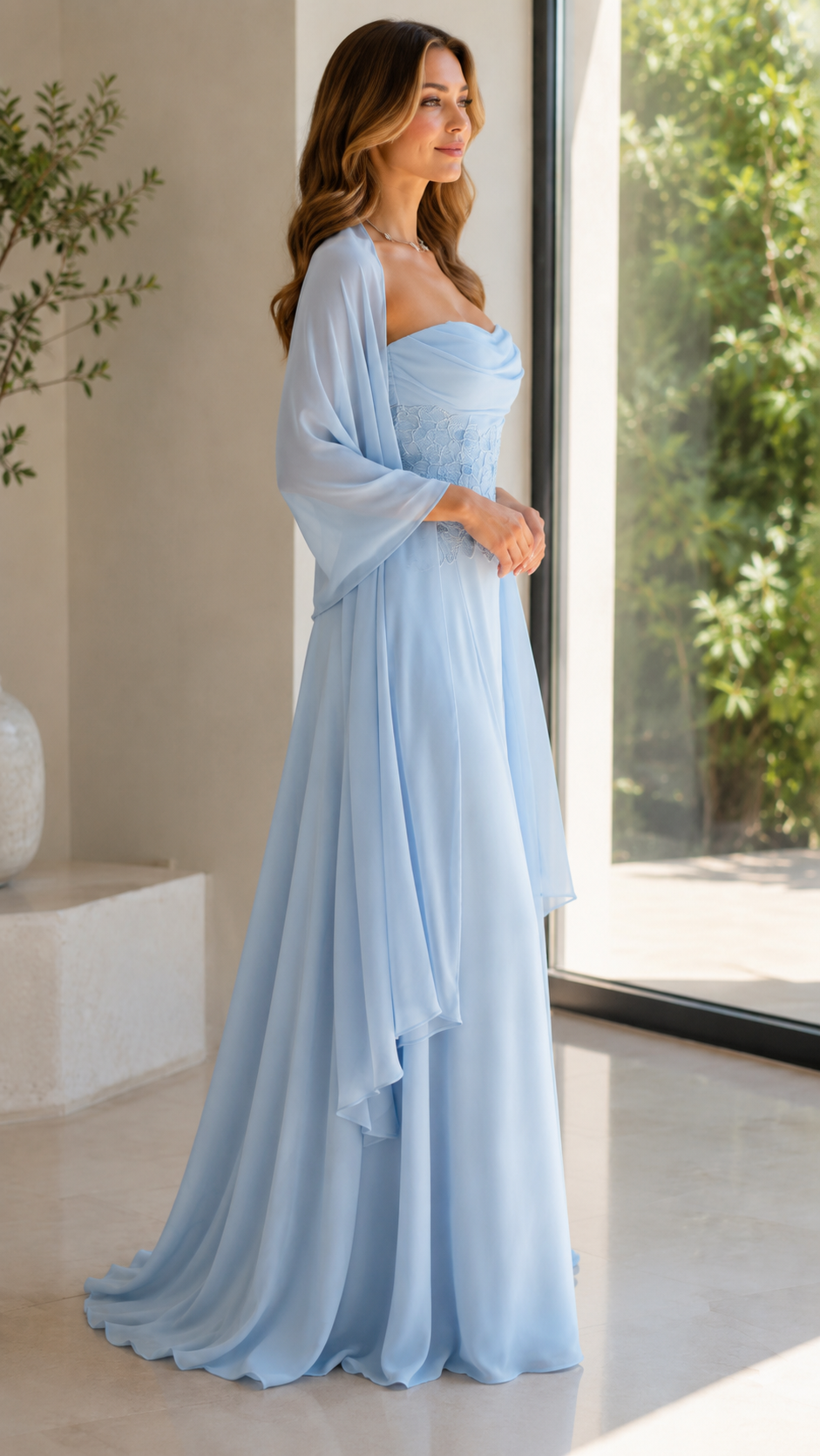 Strapless Floral Appliqué Chiffon Maxi Dress with Sheer Shawl