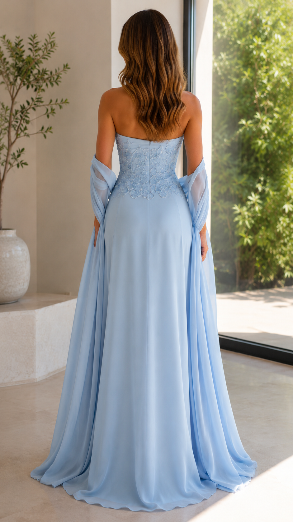 Strapless Floral Appliqué Chiffon Maxi Dress with Sheer Shawl