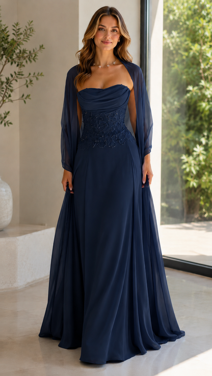 Strapless Floral Appliqué Chiffon Maxi Dress with Sheer Shawl