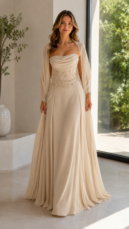 Strapless Floral Appliqué Chiffon Maxi Dress with Sheer Shawl