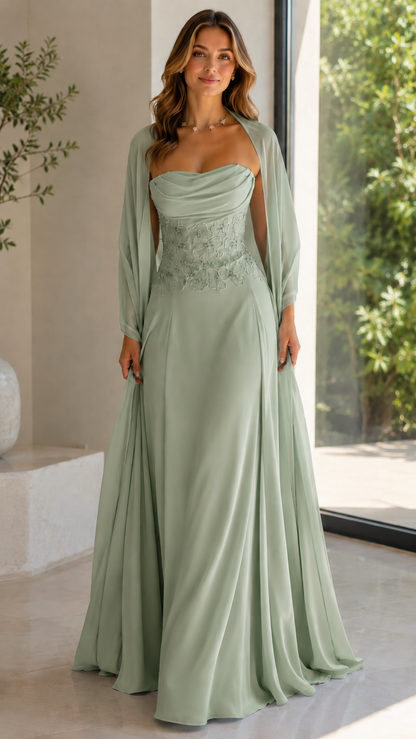 Strapless Floral Appliqué Chiffon Maxi Dress with Sheer Shawl