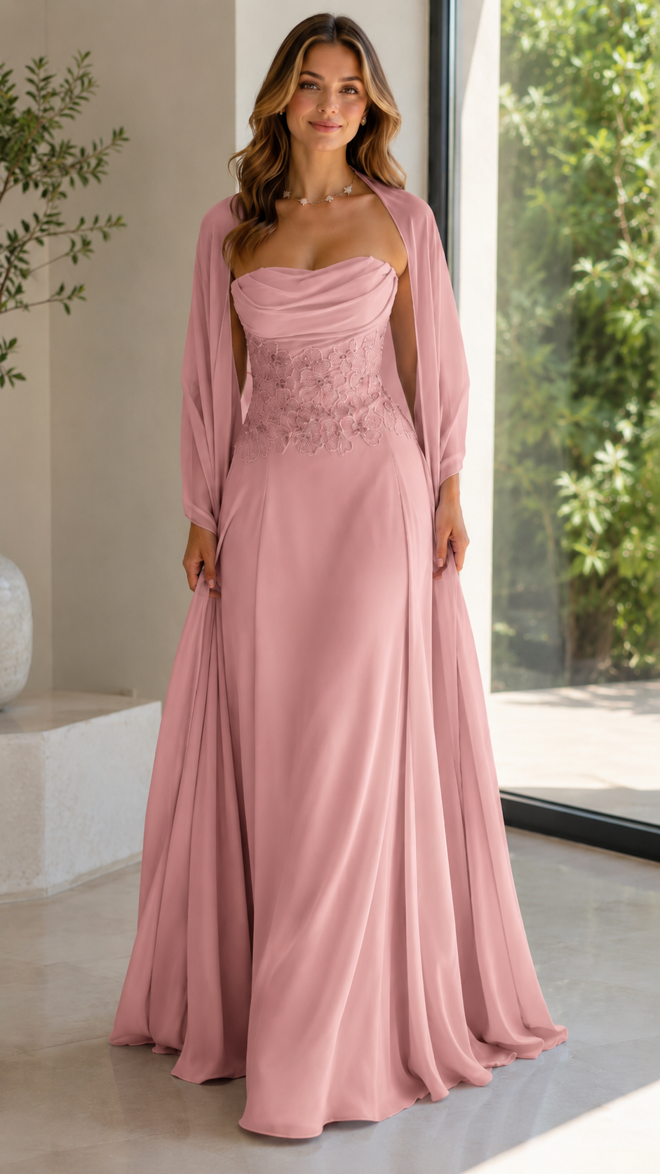 Strapless Floral Appliqué Chiffon Maxi Dress with Sheer Shawl