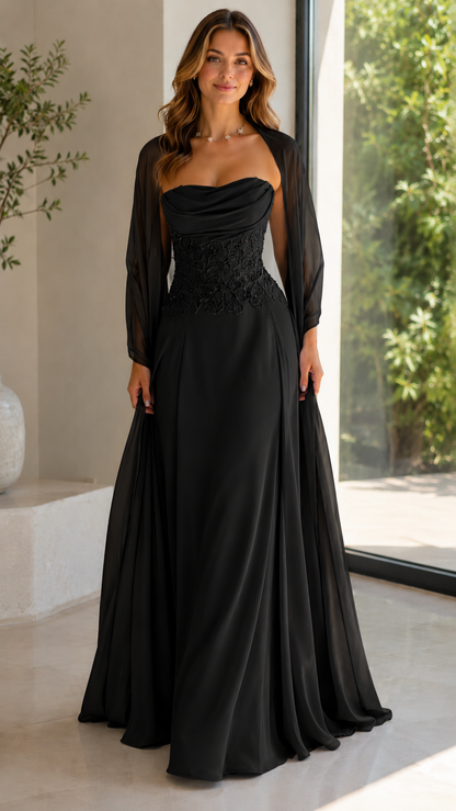 Strapless Floral Appliqué Chiffon Maxi Dress with Sheer Shawl