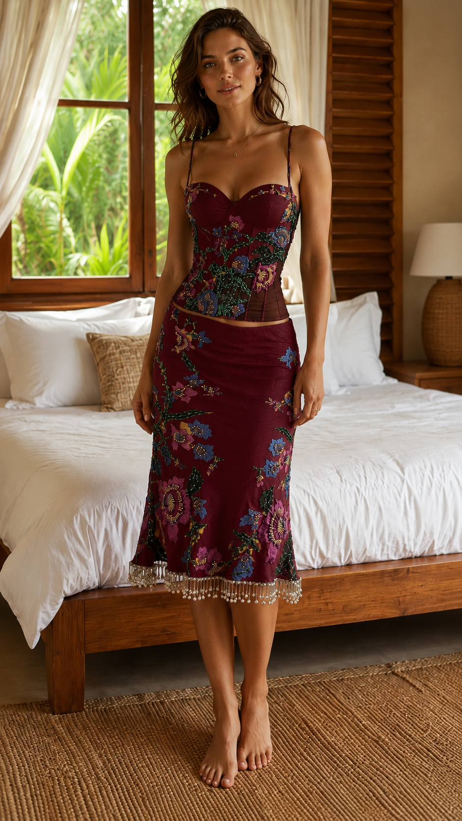 Floral Embroidered Corset Top & Beaded Midi Skirt Set