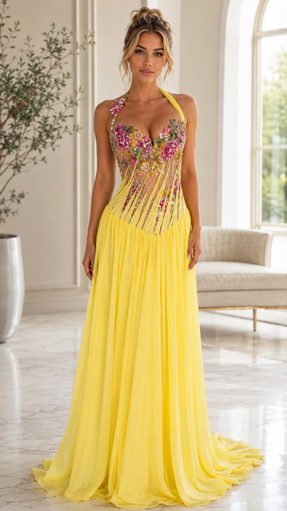Floral Embroidered Halter Neck Evening Gown – Elegant A-Line Maxi Dress