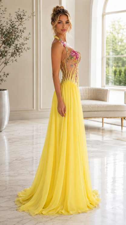 Floral Embroidered Halter Neck Evening Gown – Elegant A-Line Maxi Dress