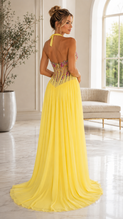 Floral Embroidered Halter Neck Evening Gown – Elegant A-Line Maxi Dress
