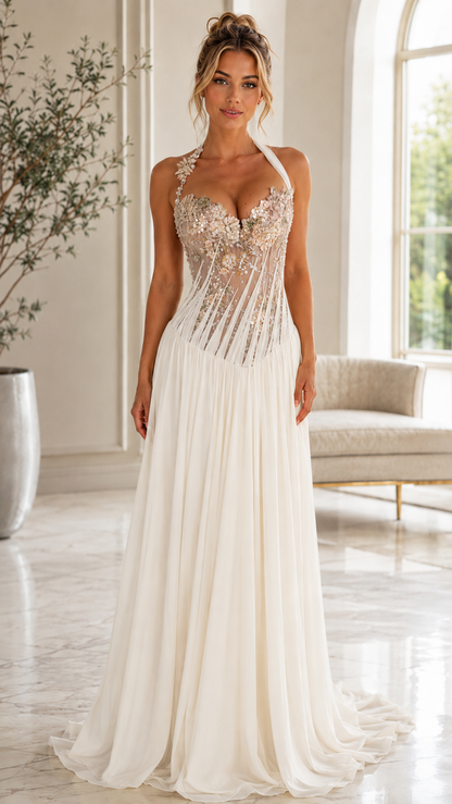 Floral Embroidered Halter Neck Evening Gown – Elegant A-Line Maxi Dress
