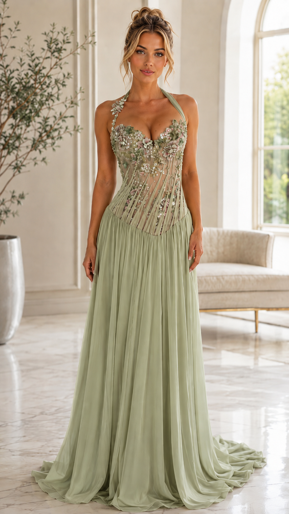 Floral Embroidered Halter Neck Evening Gown – Elegant A-Line Maxi Dress