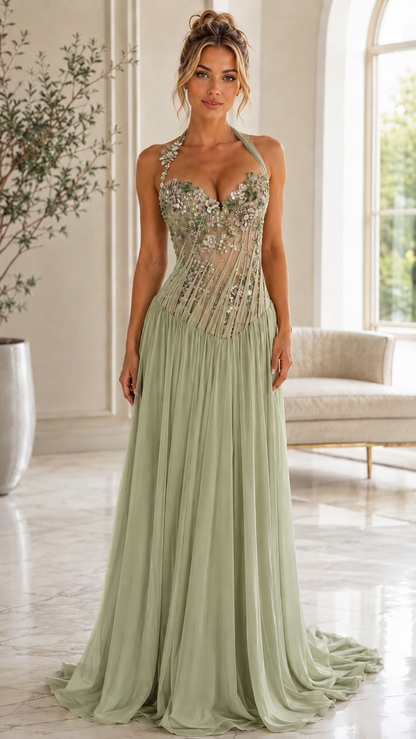 Floral Embroidered Halter Neck Evening Gown – Elegant A-Line Maxi Dress